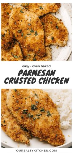 two plates with chicken, rice and parmesan crusted chicken on them are shown