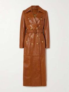 CHLOÉ Leather double-breasted trench coat | NET-A-PORTER Elegant Brown Double-breasted Outerwear, Luxury Brown Outerwear With Double Button Closure, Luxury Leather Double-breasted Outerwear, Luxury Brown Long Coat, Luxury Leather Outerwear With Double-breasted Button, Double-breasted Leather Long Coat, Leather Long Coat With Double-breasted Button, Designer Brown Belted Outerwear, Luxury Brown Belted Outerwear