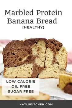 a loaf of marbled protein banana bread on a white plate with text overlay