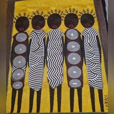 an art piece with four black women on yellow and brown fabric, each holding their own neck ties