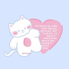 a white cat sitting next to a pink heart on top of a blue background with words written in spanish