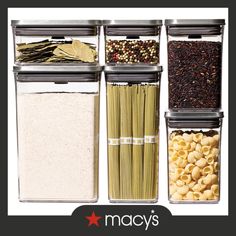 four containers with pasta, noodles and spices in them on a white background that says macy's