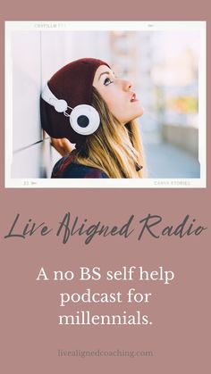 a woman wearing headphones with the words life - aligned radio above her is an image of