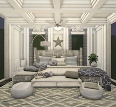 a living room filled with lots of furniture next to a star shaped ceiling light fixture