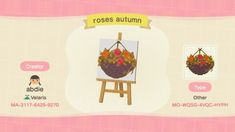 an animal crossing game with flowers in a basket on the easel and other items