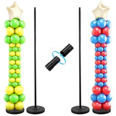 an inflatable balloon column is shown with two different colored balls and one black pole