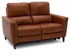 a brown leather loveseat sitting on top of a white background