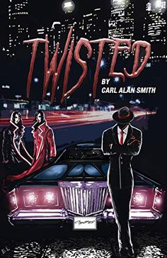 a man standing next to a car in front of a city at night with the words twisted written on it