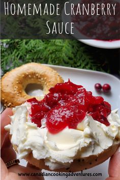 homemade cranberry sauce on top of a bagel