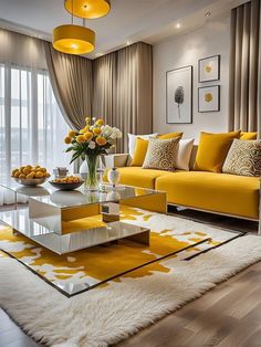 a living room filled with furniture and yellow accents on top of a white carpeted floor