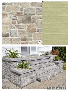 two pictures showing different types of stone walls and planters in front of a house