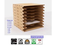 a wooden display case with multiple compartments and labels on the front side, showing measurements for each shelf