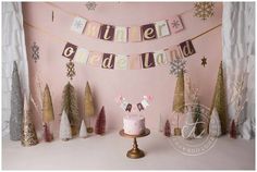 a cake sitting on top of a table in front of a wall with christmas decorations