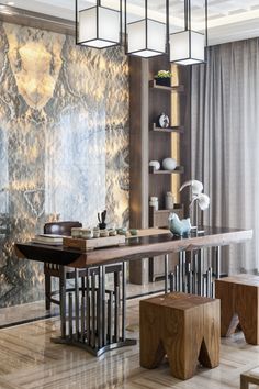 an elegant dining room with marble walls and flooring