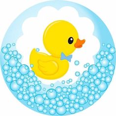 a rubber ducky floating in the water with bubbles