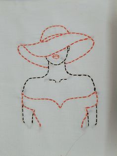 a drawing of a woman wearing a hat and holding a string in her right hand