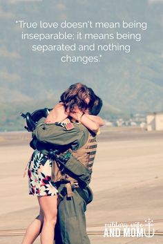 two people hugging each other on an airport tarmac with a quote from the movie, true love doesn't mean being impparable it means being separated and nothing changes