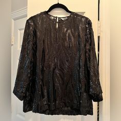 Perfect Sparkly Holiday Top. Sheer Black With Black Sequins. Need Something Under. Very Lightweight. Pair With Red Or Green Bottoms And You Are Holiday Ready / Or Jeans Or Leather For Edgy Sparkle! Fall Party Blouse With Crew Neck, Chic Crew Neck Tops For Party, Fitted Crew Neck Blouse For Party, Chic Sequined Crew Neck Top, Elegant Crew Neck Top For Evening, Elegant Evening Top With Crew Neck, Glamorous Long Sleeve Tops For Evening, Zara V-neck Party Tops, Black Sequined Tops For Evening