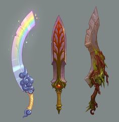 four different types of swords with rainbows in the middle one is gold and the other two are blue