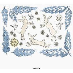 an image of some animals in the middle of flowers and leaves on a white background