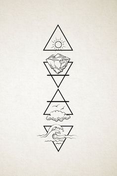 a drawing of three pyramids with clouds and mountains in the middle, on top of each other