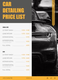 the car detailing price list is shown in black and white, with yellow trims