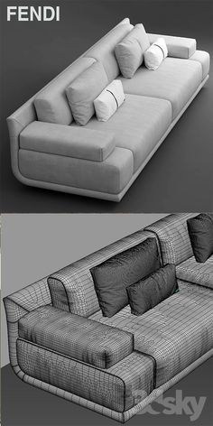 two different views of a couch with pillows on the top and bottom, one in black and white