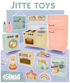 an image of a toy kitchen set with stickers on the front and back of it