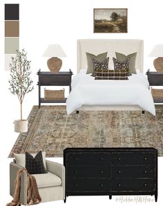 the bedroom is decorated in neutrals and browns, with white bedding and pillows