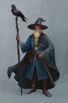 an old wizard with a crow on his shoulder