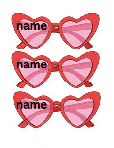 three heart shaped glasses with name tags on the front and back of them, all in pink