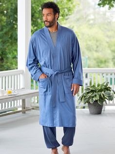 You asked for it and we made it for you: a robe in our softest knit that's not too long or too hefty — just the right length and weight! Like our entire cotton-knit sleepwear collection, this robe feels comfortable from the start and is extra soft, moisture-wicking, and generously cut for a relaxed fit. It has trapunto stitching along the collar, front, and cuffs; an adjustable double belt loop, and 2 patch pockets. Classic wrap-style robe with a trapunto-stitched collar Soft, comfortable knit A Mens Kimono, Male Kimono, Vermont Country Store, Soft Robes, Double Belt, Knit Wrap, Country Store, Kimono Style, Sleepwear Robe