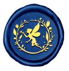 a blue and gold wax seal with a tinkerbell on it's side