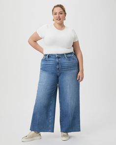 Anessa Plus 31 Inch Wide Leg Jean - Flamenco Distressed 16W Plus Size High Waisted Wide Leg Jeans, Pocket Placement, Soft Jeans, Breaking In, Vintage Jeans, Work Out, Vintage Denim, Leg Jeans, Denim Jeans