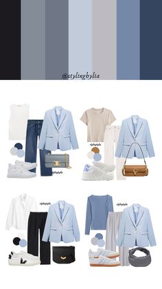 Sky blue blazer outfit combination and ideas Blue Inspo Outfit, Light Summer Fashion Style, Summer Color Outfits Fashion Ideas, Blazer Color Combination Women, Blue Grey Outfits Women, Colour Combinations Outfit Ideas, Light Blue Work Outfit, Soft Summer Color Palette Outfits Casual, Steel Blue Outfit Color Combos