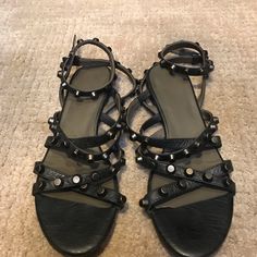 Black On Black Studded Flats. Wear On The Soles Only. Can Provide More Pictures. Fits 9.5 Or 10 Us Black Studded Round Toe Sandals, Black Ankle Strap Sandals With Studded Outsoles, Shoes Balenciaga, Studded Flats, Balenciaga Black, Balenciaga Shoes, Black On Black, Valentino Studs, Gladiator Sandals