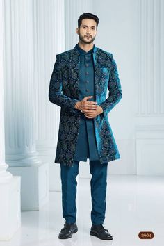 Kurta Jacket Sets - Shop stylish Kurta Jackets for men online at Mirraw, we offer trending Kurta Jackets from our designer collection at best discounted prices ✔ Low Cost Shipping for UK, US ✔ Easy Returns #kurtajacket Groom Sherwani Indian, Sherwani Pakistani, Blue Jacket Style, Indowestern Sherwani, Weaving Embroidery