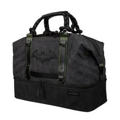 a black duffel bag with a batman symbol on it