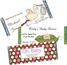 baby shower candy bar wrappers with stork and birth announcement on them, set of 3