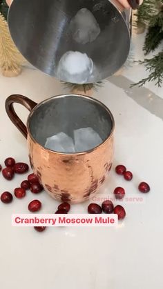 cranberry moscow mule being poured into a copper mug