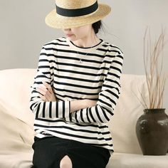 Comfortable, One of Kind. T-Shirts online shop,|Casual|Cotton Blend|Regular|Long Sleeve|Round Neck|Striped|Black|S|M|L|Spring/Fall|Hand Wash Full Sleeve T Shirt, Striped Tshirt, Basic Long Sleeve Tee, Striped T Shirt, Basic Long Sleeve, Girly Stuff, Neck Pattern, Tshirts Online, Shoulder Sleeve