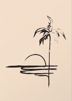 a black and white drawing of a palm tree with the sun setting in the background