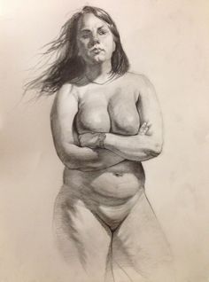 a pencil drawing of a naked woman with her arms folded over her chest and hands on her hips