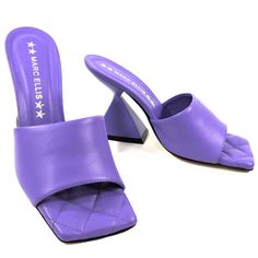 100% Leather Imported Mde In Italy Leather Upper Leather Lining Heel Is 4" Handmade Trendy Party Heels With Leather Sole, Chic Purple Leather Sandals, Chic Purple Square Toe Heels, Trendy Purple Leather Heels, Elegant Purple Square Toe Heels, Purple Leather Open Heel Heels, Luxury Purple Leather Sandals, Purple Open Heel Leather Heels, Chic Purple Leather Heels