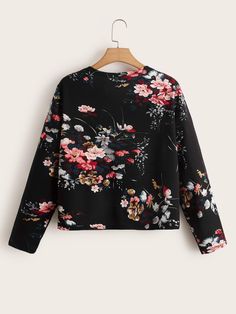 Black Casual  Long Sleeve Polyester Floral Other  Slight Stretch Spring/Fall Plus Size Outerwears Fall Plus Size, Women Outerwear, Open Front Jacket, Fabric Floral, Trendy Fashion Women, Sleeves Pattern, Black Casual, Outerwear Women, Fashion Clothes Women