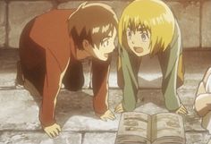 two anime characters are looking at an open book in front of them, one is bending over the other