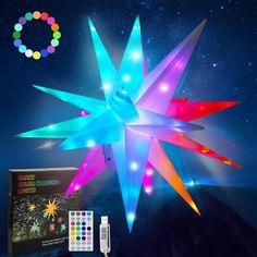 an image of a star decoration with remote control and color changing leds on it