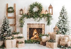 christmas fireplace decorated with presents and trees