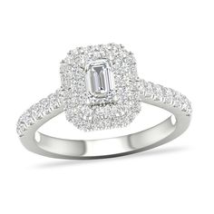 an engagement ring with diamonds on the sides and a center stone surrounded by smaller stones