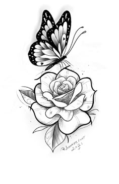 a black and white drawing of a rose with a butterfly on it's wing